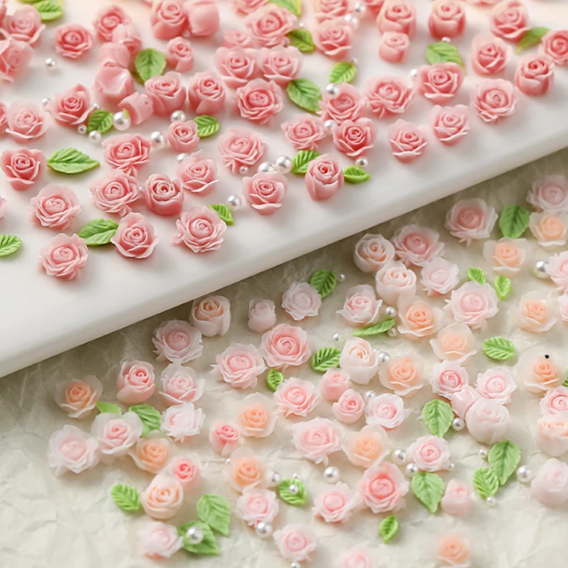 50pcs 3D Size 6/7/8mm Pearl Resin Flower Rose Nail Charms Accessories Pink Rose Red Nail Art Luxury Decoratons Supplies DIY