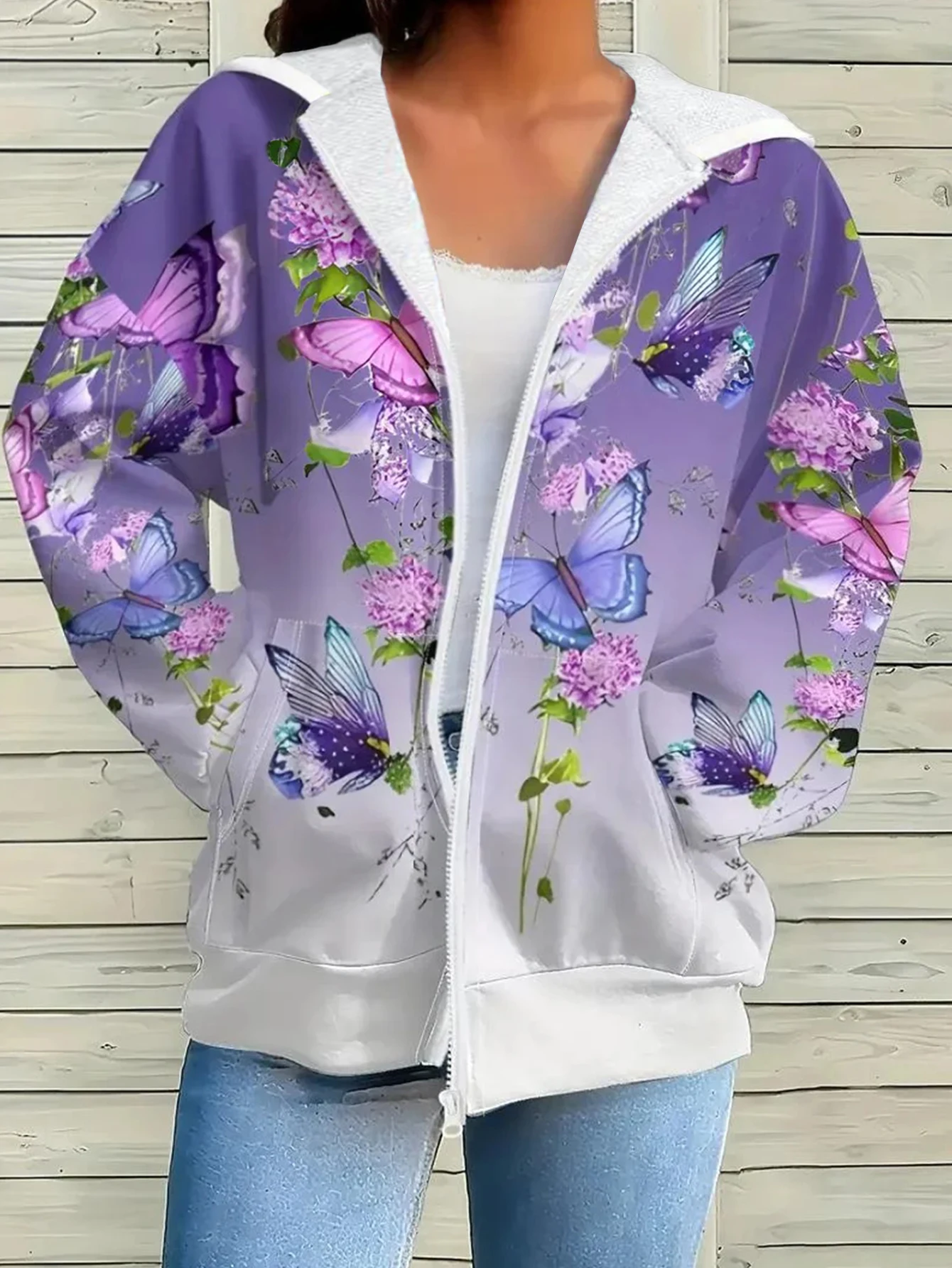 Plus Size Women Zip Up Hooded Sweatshirt, Long Sleeve Loose Hoodie Jacket, Casual Fall Outerwear Coat With Pockets