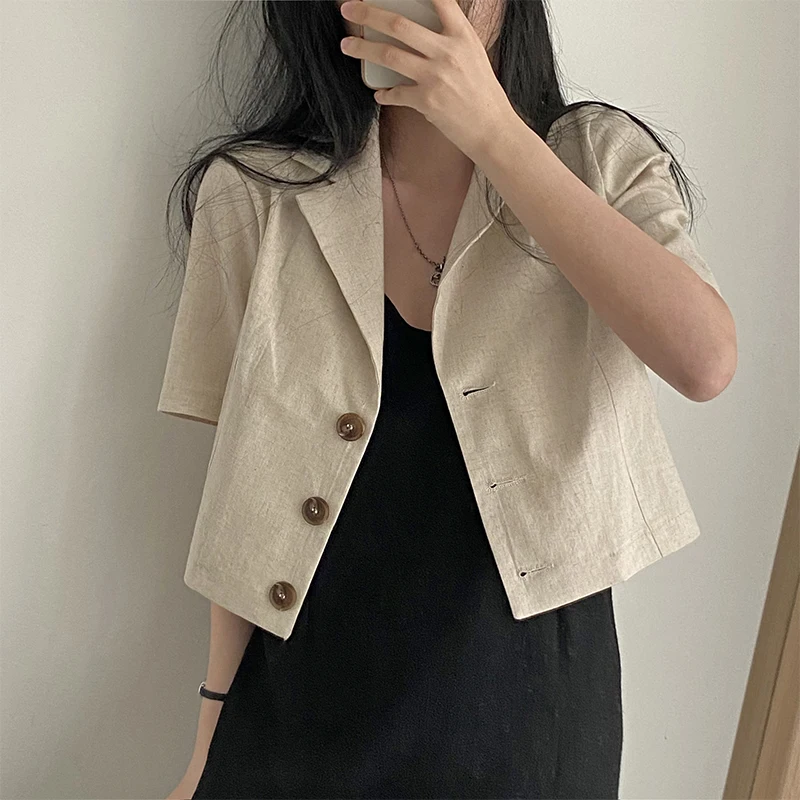 

Chic Summer New Vintage Leisure ort Sve Linen Suit Jaet Women's Loose Fit Single Button Classic Collar Casual Outerwear