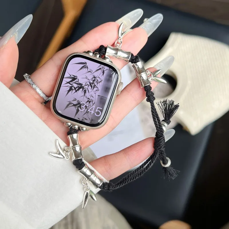 สายรัดแบบเชือกสไตล์ชนเผ่าย้อนยุคสำหรับสายคาด Apple Watch 40มม. 44มม. 41มม. 45 38 49สายรัดข้อมือเชือกถักสำหรับ iWatch 9 8 7 SE 6 5