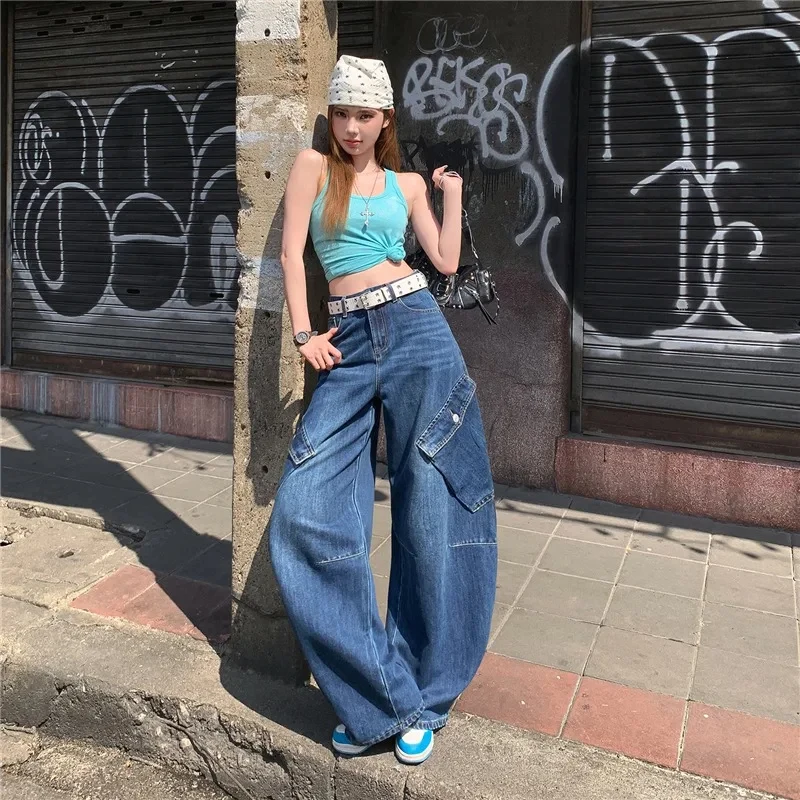 

Women's American & Korean Style Y2K Curved Scythe Jeans High Waist Loose Wide Leg Draped Casual Streetwear Baggy Denim Pants