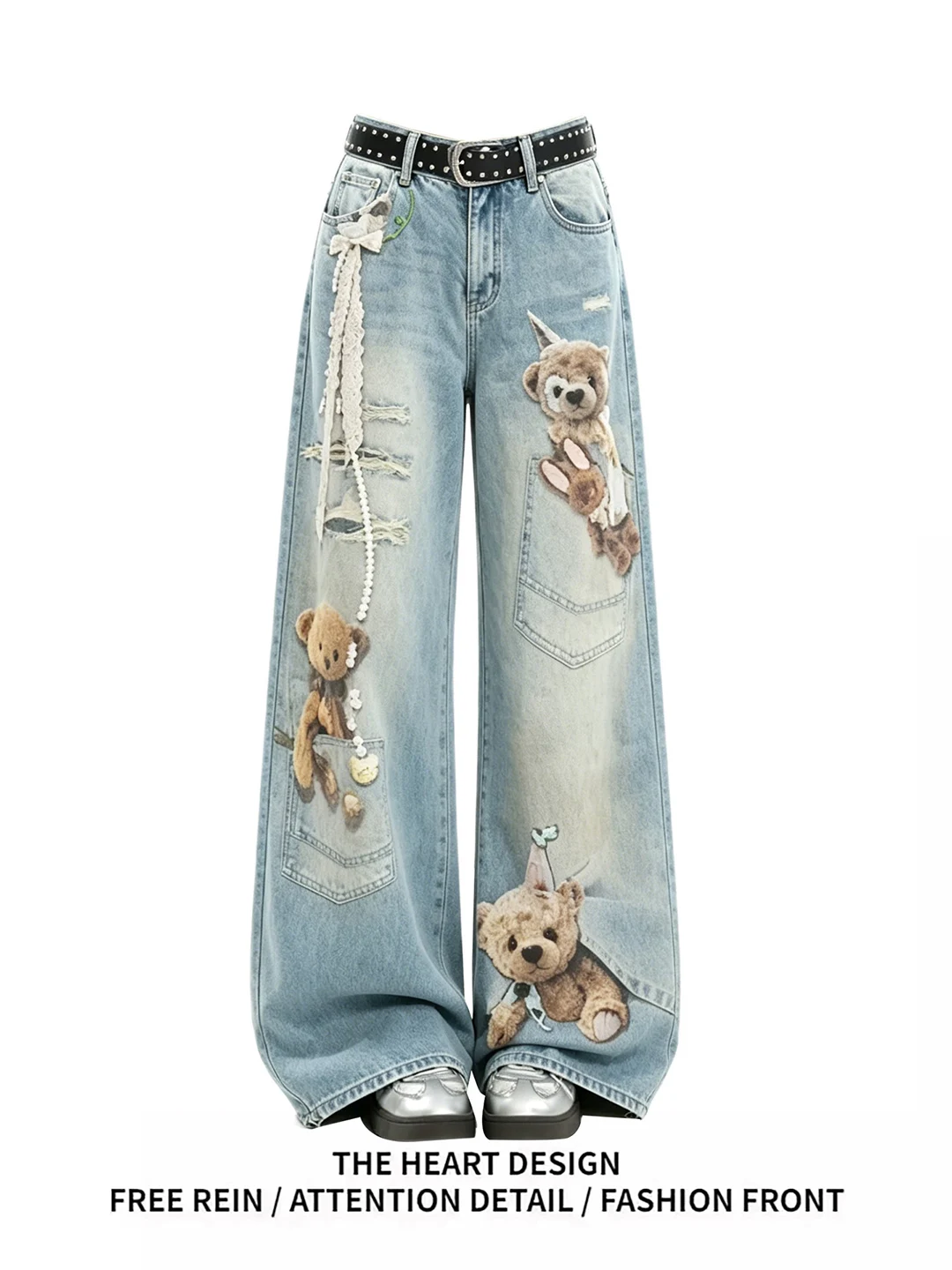 

Retro American Bear Print Wide Leg Jeans Women's Summer New Age Reduction Design Trendy High Waist Denim Pants Casual Blue