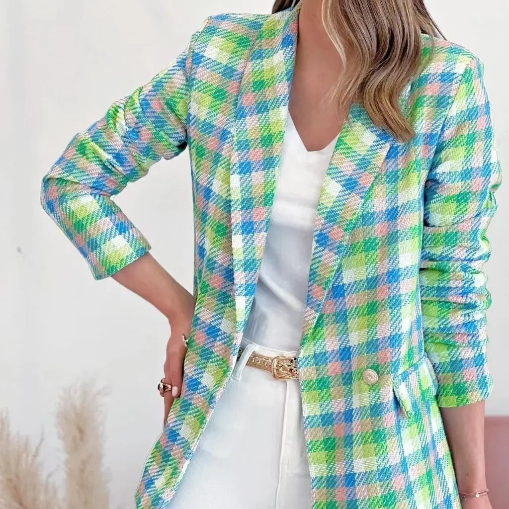 

Autumn Winter Long Sleeve Plaid Print Double-Breasted Slim Fit Jacket Independent Station Wish Style for Women