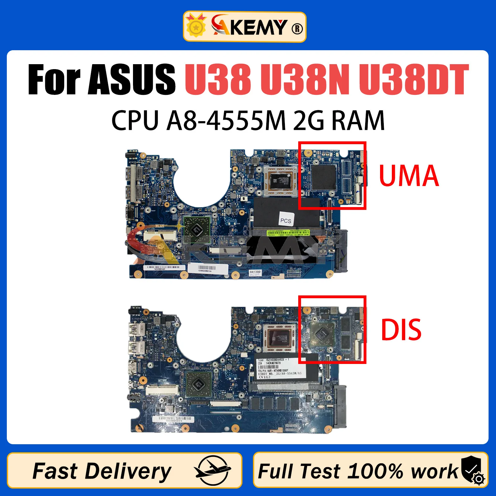 

AKEMY U38N Laptop Motherboard For Asus U38 U38N U38DT Ultrathin Notebook Mainboard With A8-4555M CPU 2GB-RAM 100% Tested OK