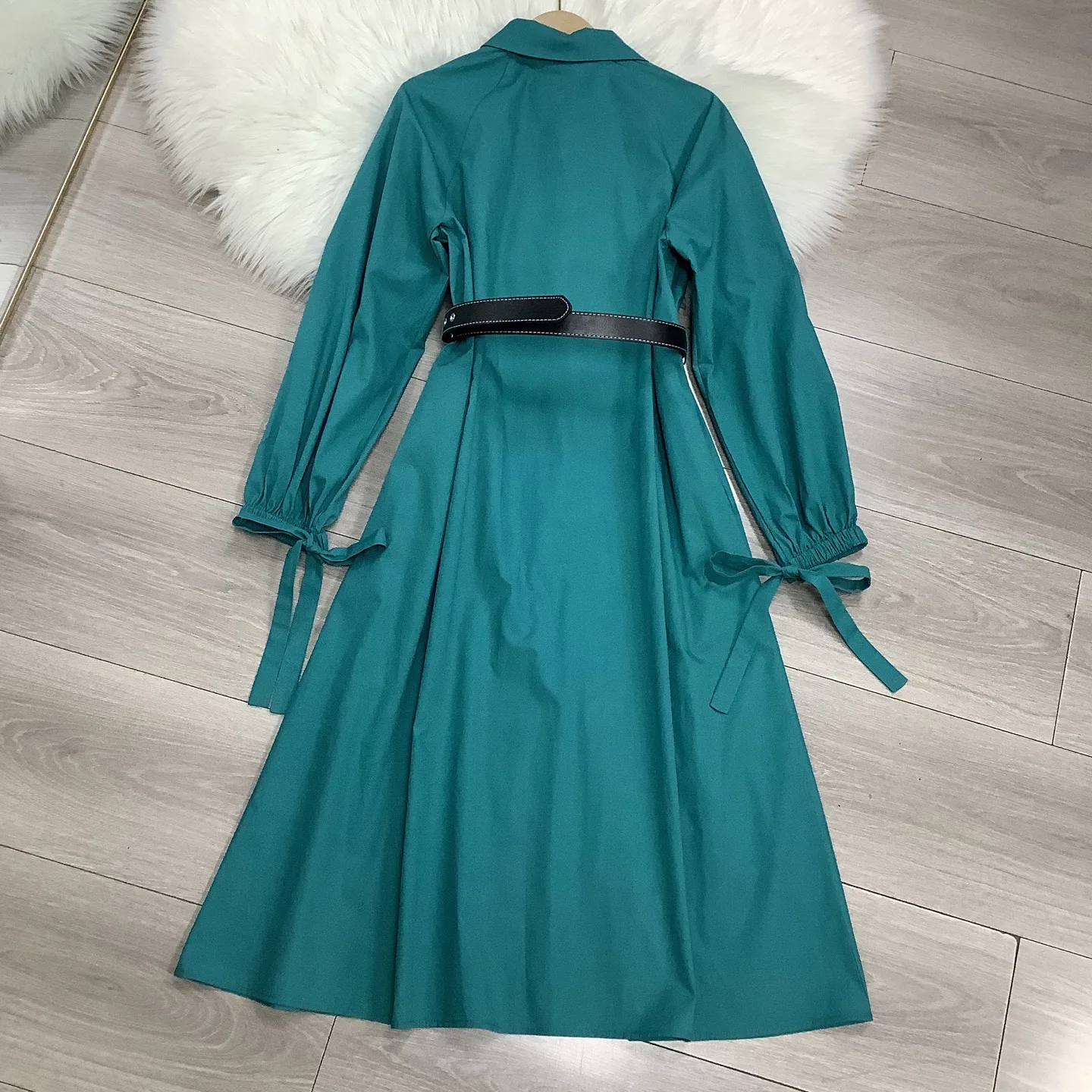 ZJYT Herbst Neue Hemdkleider aus 100 % Baumwolle für Frauen 2025, modisches Langarm-Reverskragen mit Gürtel, lässiges Midi-Urlaubskleid