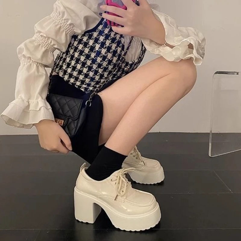 

French Retro 2025 New Arrival Lace Up Thick Sole Super High Heel Versatile Mary Jane Leather Shoes Women's Spring Autumn