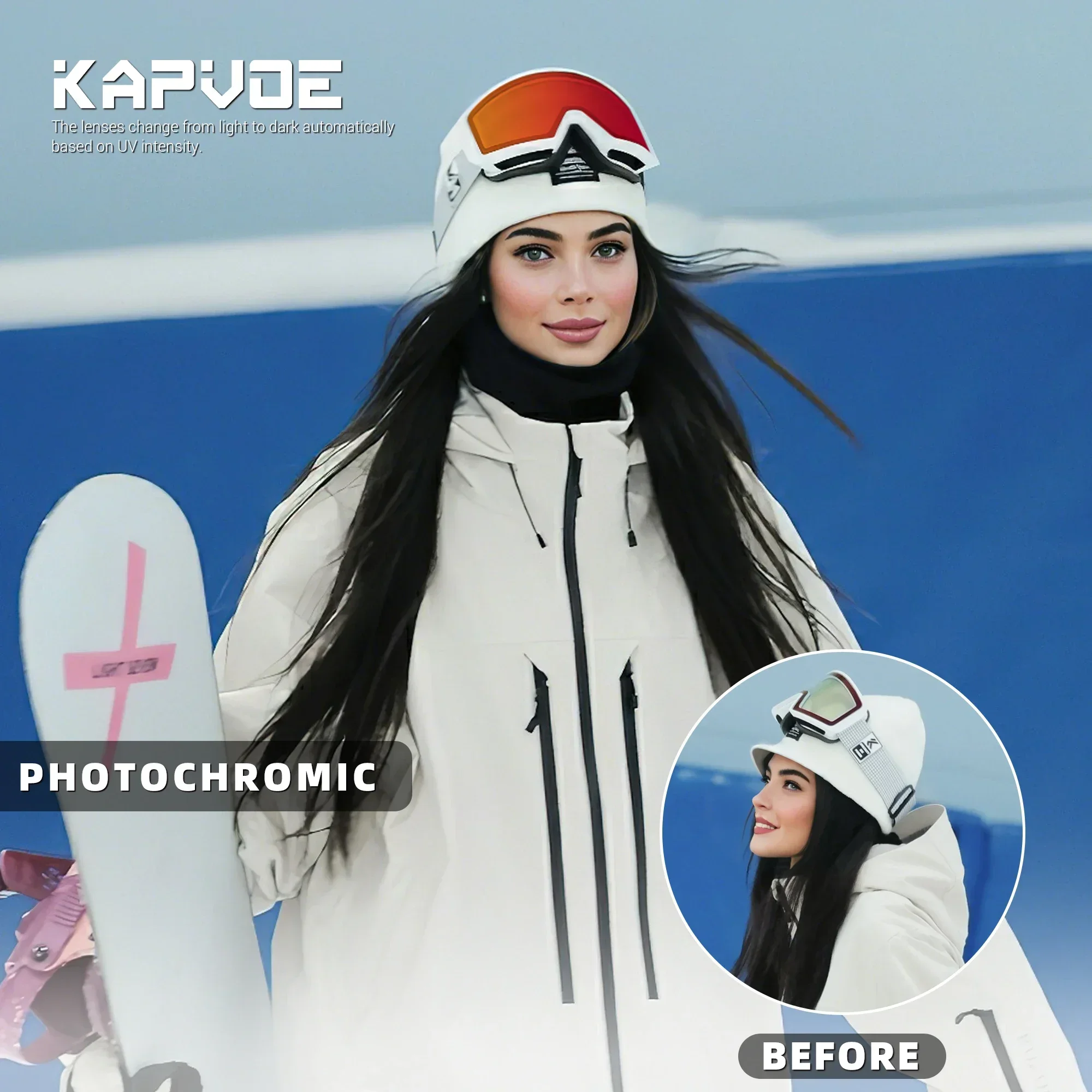 Kapvoe Photochromic Snow Goggle Ski Sunglasses Snowboard Anti-Fog Mask for Men Women Eyewear Kit UV400 Glasses Snowmobile Winter