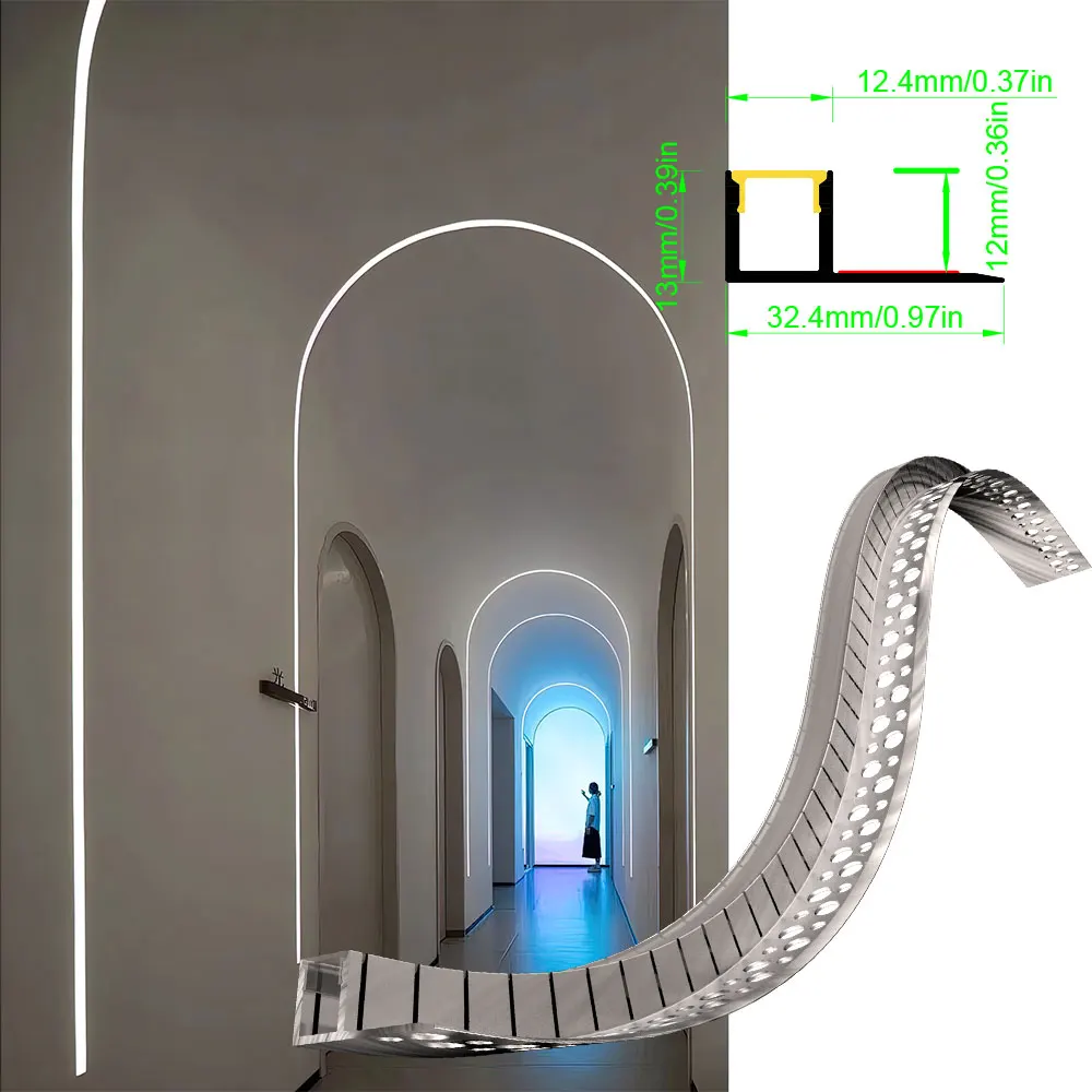 32×13mm 1szt 0.5M Taśma LED Profil aluminiowy do zakrzywionych sufitów i oświetlenia ścian