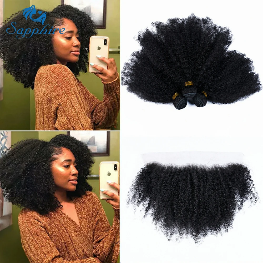 

Mongolian Afro Kinky Curly 3/4 Bundles With Frontal Remy Human Hair Weave Bundles With Closure 4X4 Transparent Lace 10"-30"