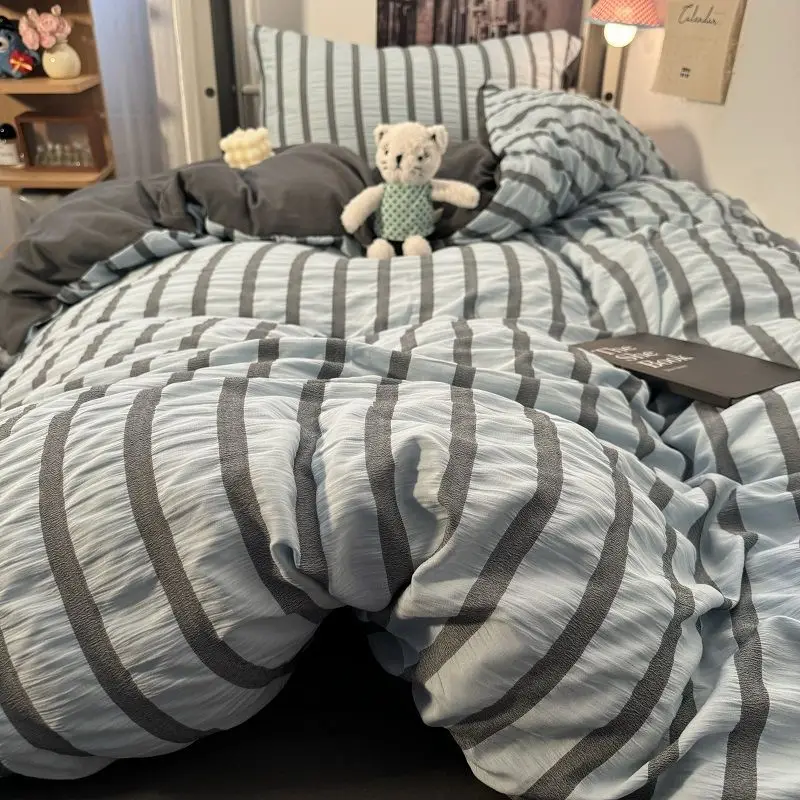 Blue-gray Striped Seersucker Double Quilt Four-piece Bedding Set Washed Cotton Sheets Student Dormitory Single Double