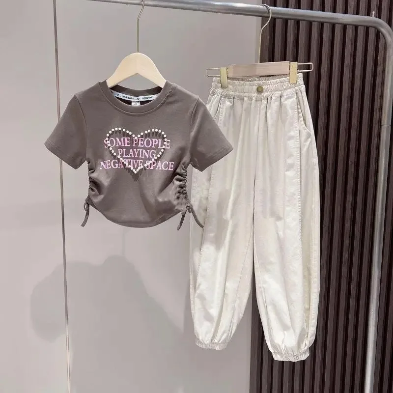 

2024 Children Set Girls Fashion Casual Suit Summer New Pearl Waisted Short Sleeve Work Pant Two-Piece Kids Comfort Clothes 4-14Y