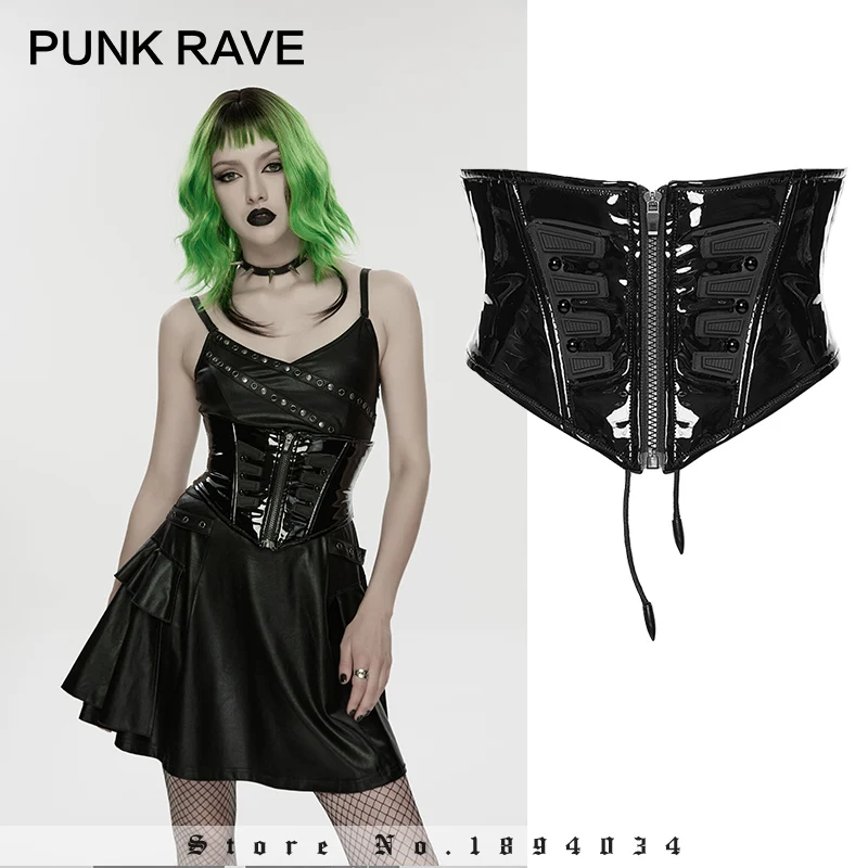 PUNK RAVE Women's Cyberpunk High Gloss Leather Hard Texture Corset Symmetrical Rubber Drawstring Design Female Accessories