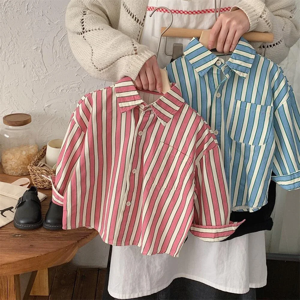 

2025 Spring Fall Boys and girls Vertical stripes shirts Kids children turn-down collar casual blouses Tops