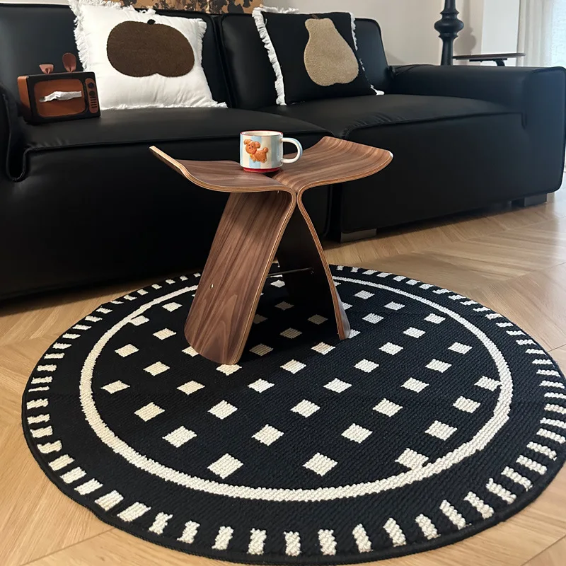 French Grid Piano Round Carpet Living Room Home Study Computer Chair Rug Medieval Style Bedroom Floor Mat Kids Tatami Area Rugs