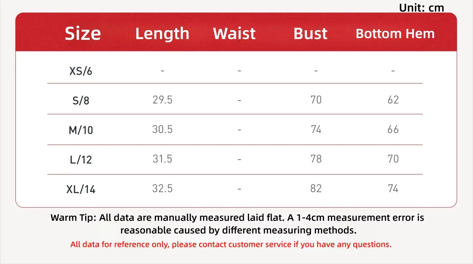 Size chart and fit details
