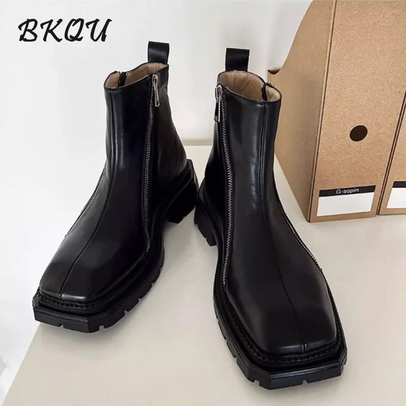 BKQU British Niche Classic Basic Boots Men 2024 Autumn Senior Sense Square Boots Thick Soled Flat Head Chelsea High Top