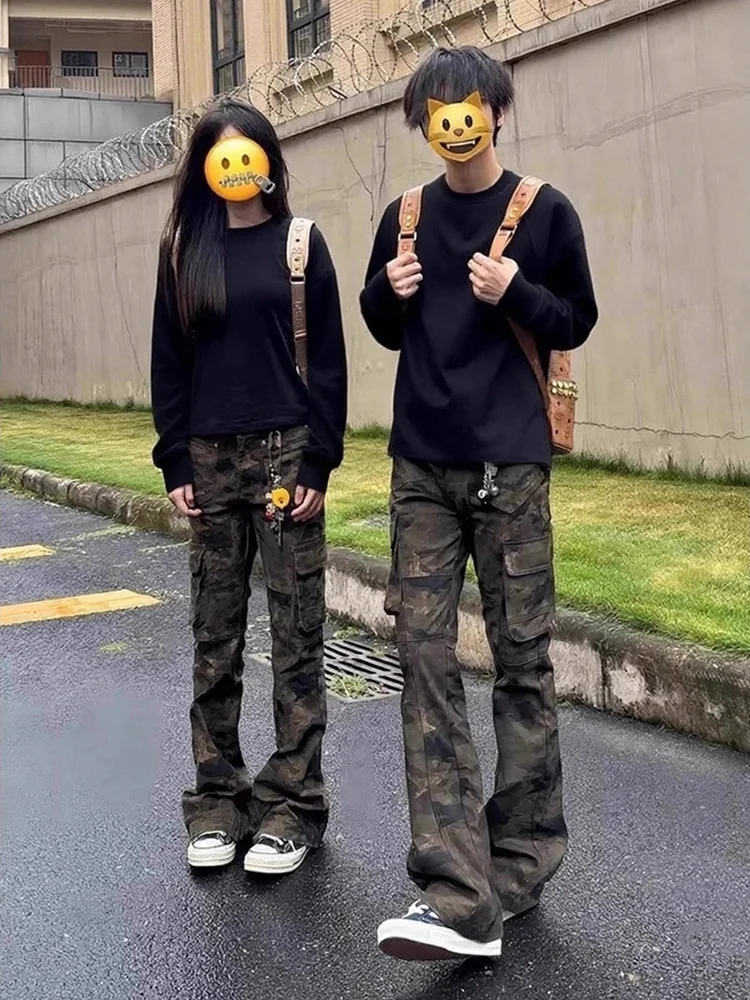 

American Camouflage Workwear Jeans Men's Women's Summer Multi-ket Flared Straight Leg Long Pants High Street Slimming Effect