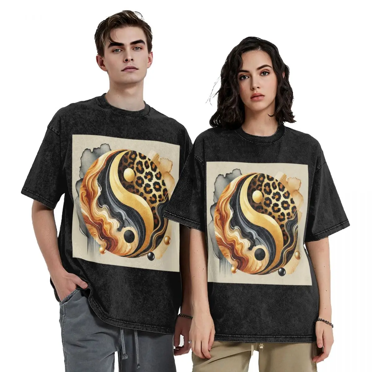 Leopard Yin Yang Luxury Gold Marble Balance Washed T Shirts Short Sleeve Hip Hop T-Shirt Streetwear Tops Tees for Men Women