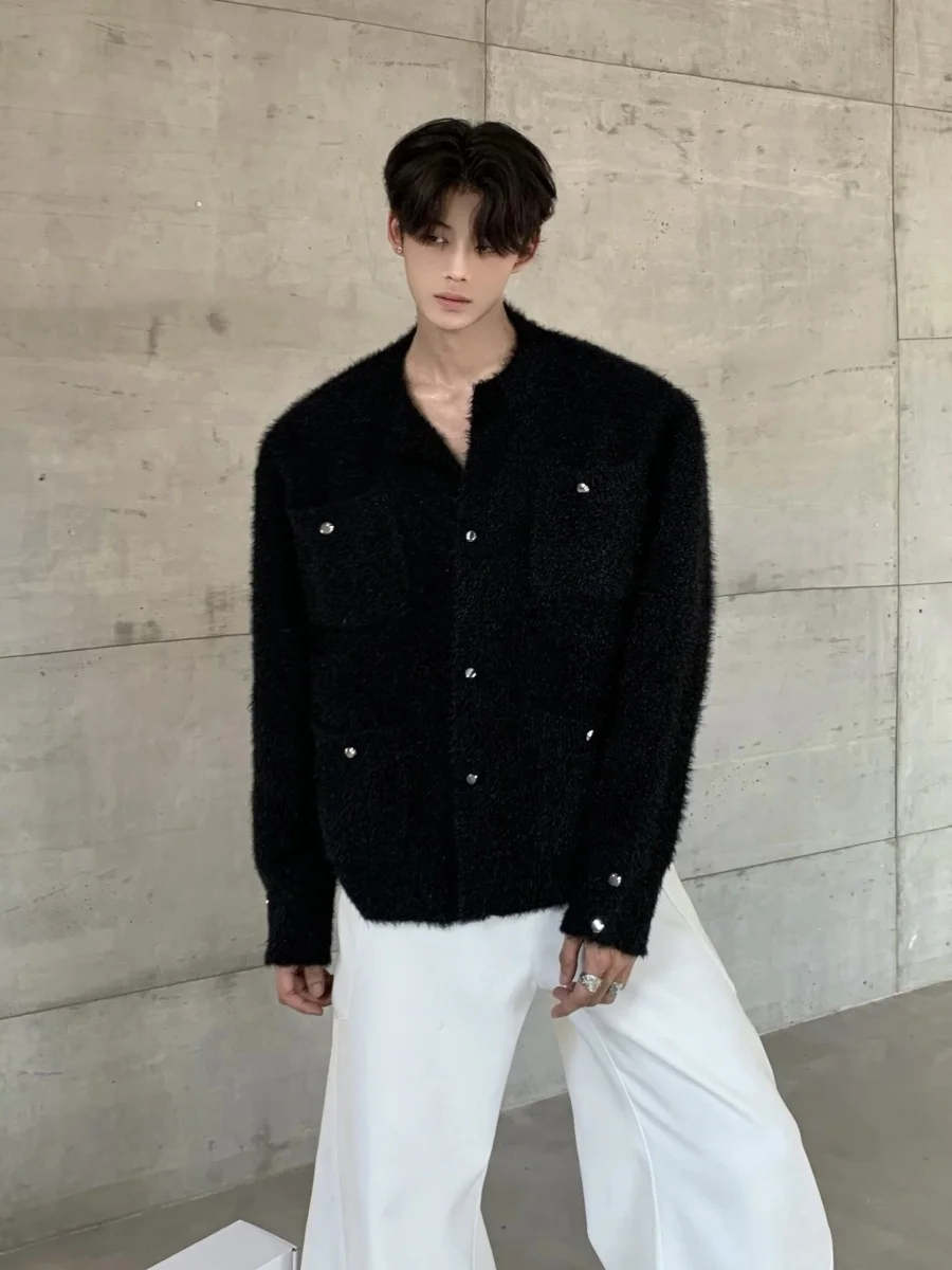 Ace Tailors Men's Retro High-End Fashion Sweater Jacket Shoulder Padded Loose Fit Autumn Winter Polyester Outerwear