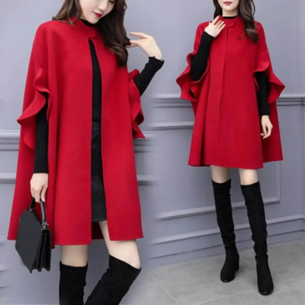 

Women Woolen Coat Stand Collar Lady Cloak British Style Ruffle Open Stitch Elegant Lady Cape Coat Big Hem Cardigan Winter Jacket