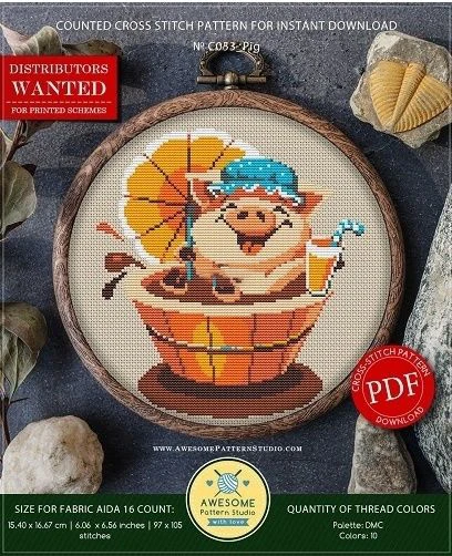 8-pig in Bath drinking 28-29 DIY Cross Stitch Kit Aida 14CT 14CT Canvas Fabric Embroidery Set Living Room Decor