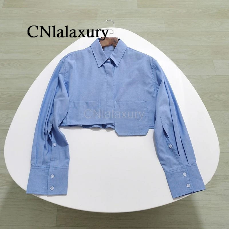 CNlalaxury Summer Woman New Stripes Shirts With Pocket Loose Casual Long Sleeve Crop Tops Female Vintage Overiszed Blouse Chic