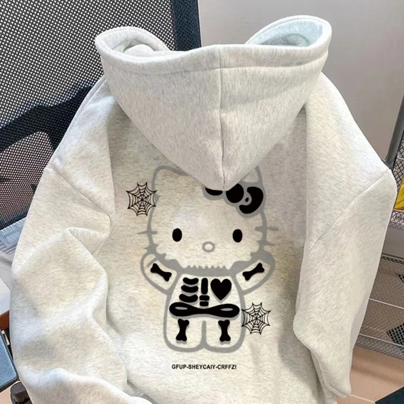 American Style Halloween Skeleton Hello Kitty Hooded Sweatshirt for Women & Men, Autumn and Winter Loose Couple Hoodies Clothes