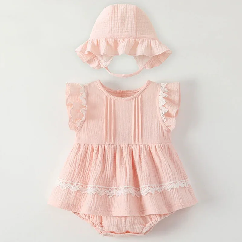 

2Piece Sets Summer Bodysuit Newborn Girls Clothes Korean Fashion Cute Princess Pink Lace Cotton Jumpsuits+Hat Baby Stuff B015