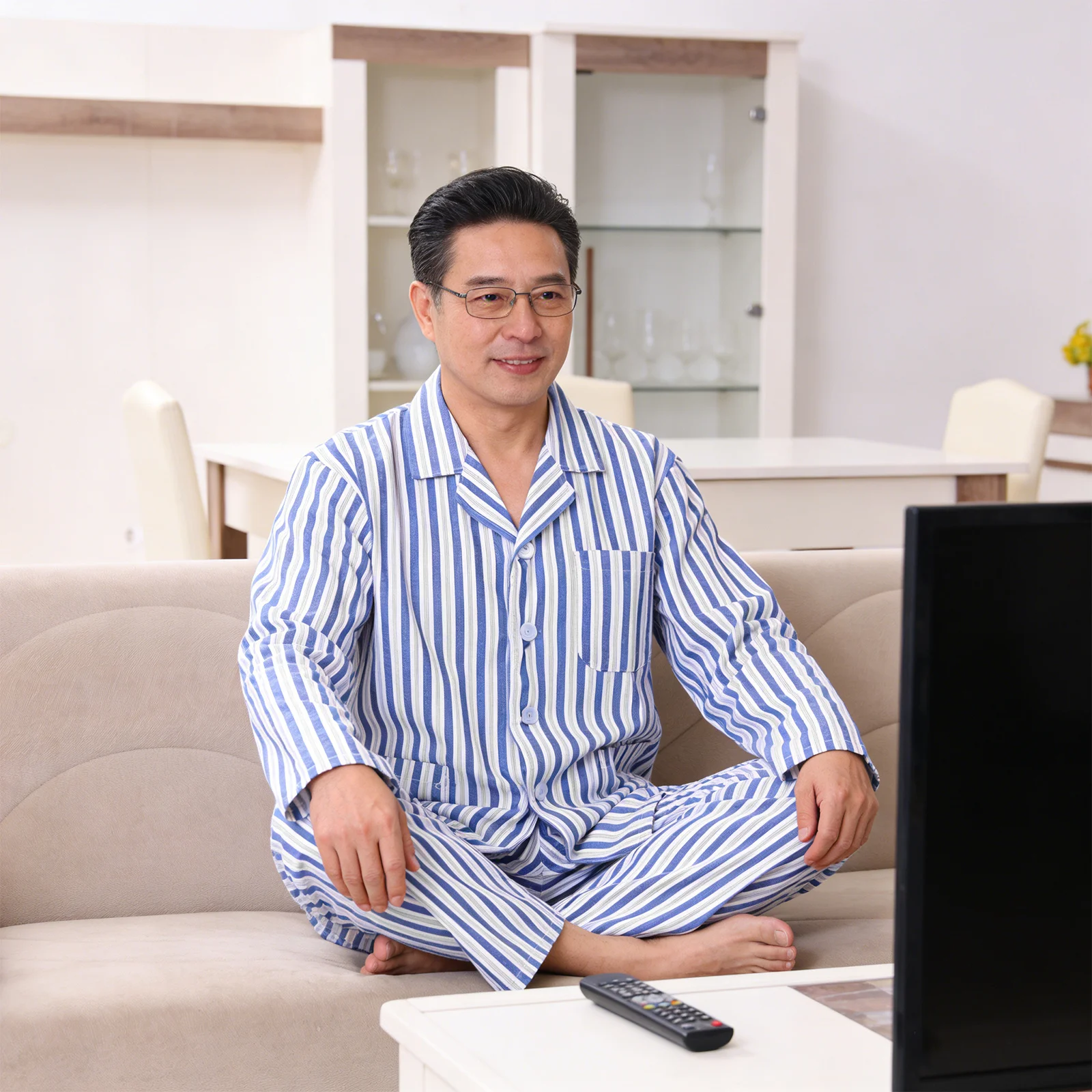 

1Set Adult Hospital Pajamas Cotton Comfortable Long Sleeve Patient Clothes Blue White Stripe Size M Breathable