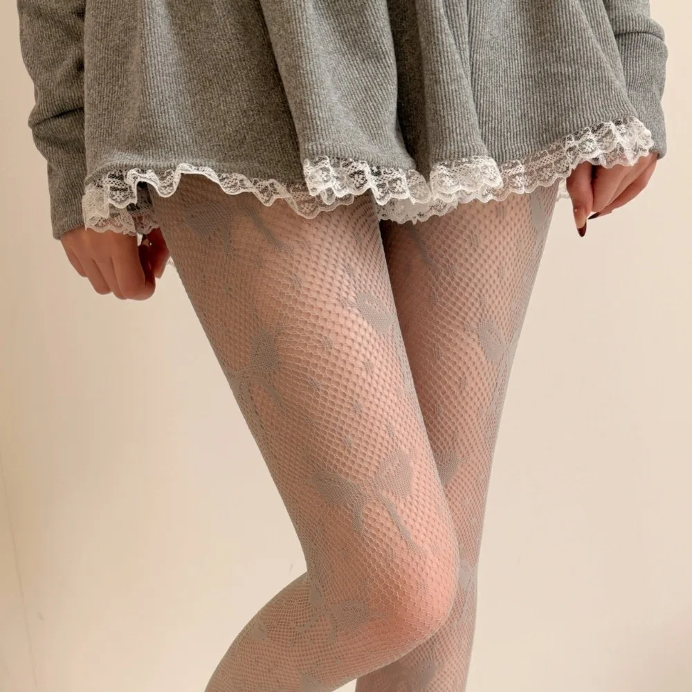 Comfortable Lace Mesh Bow Stockings Vintage Y2K Hollowed Out Jacquard Pantyhose Fishnet Sweet Polka Dot Stockings Spicy Girls