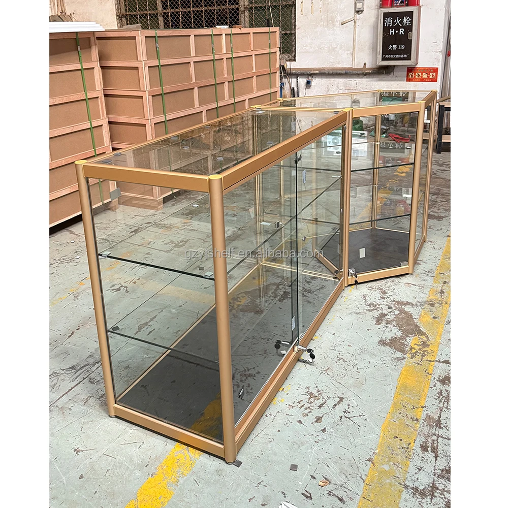 Custom.Customized High End Popular Full Vision Gold Metal Frame Style Glass Jewelry Kiosk Glass Display Cabinet for Shopping Mal