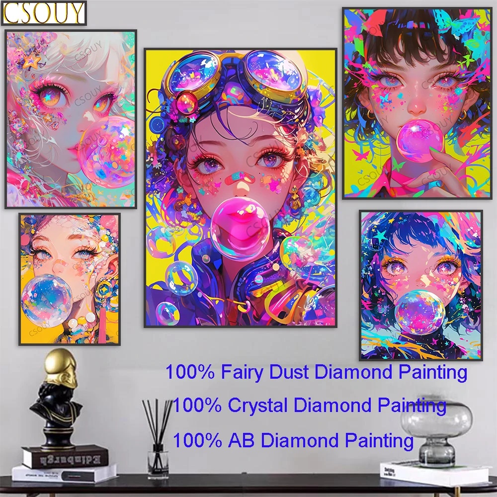 

Balloon-blowing Girl 100% Fairy Dust Square Diy Diamond Painting Cross Stitch Embroidery Mosaic Home Decor Needlework Crystal AB
