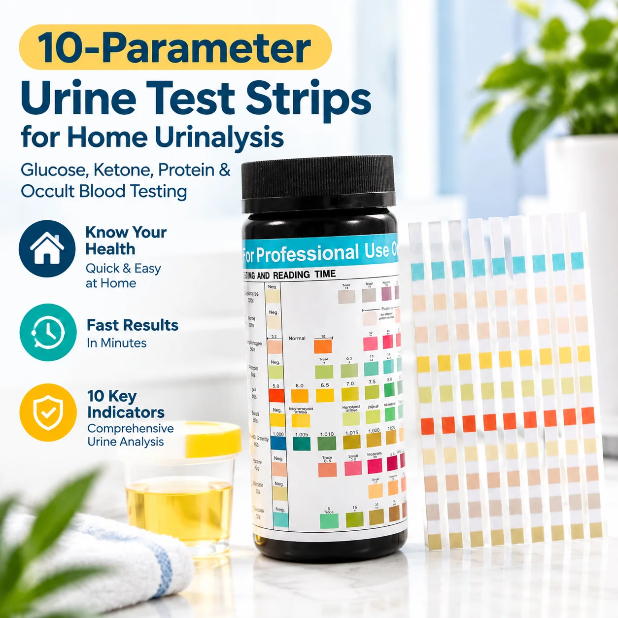 10-Parameter Urine Test Strips for Home Urinalysis: Glucose, Ketone, Protein & Occult Blood Testing