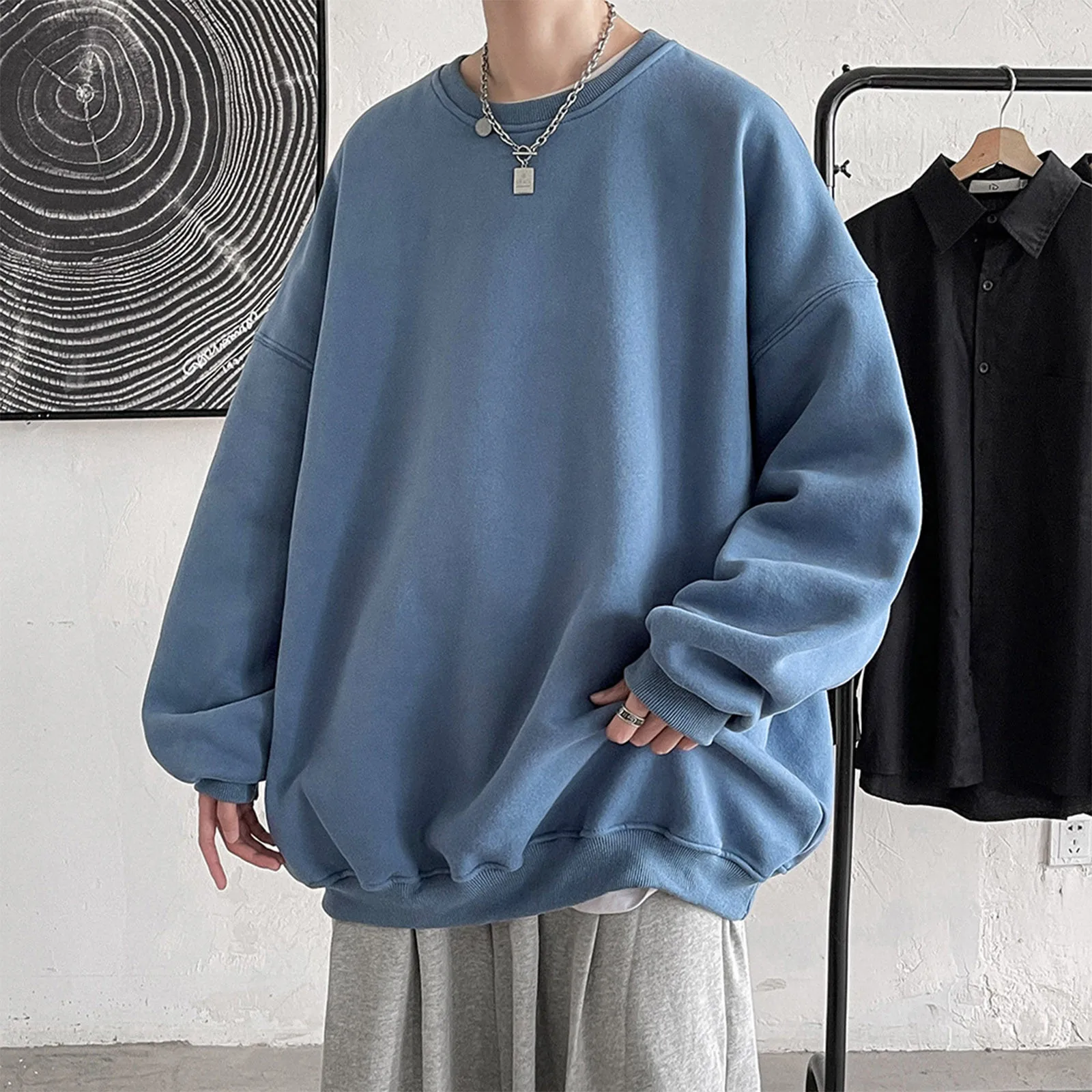 Sudaderas Harajuku para hombre, jerseys de gran tamaño de lana de Color sólido coreano, Tops básicos de cuello redondo informales, ropa de calle de Hip Hop, otoño 2023