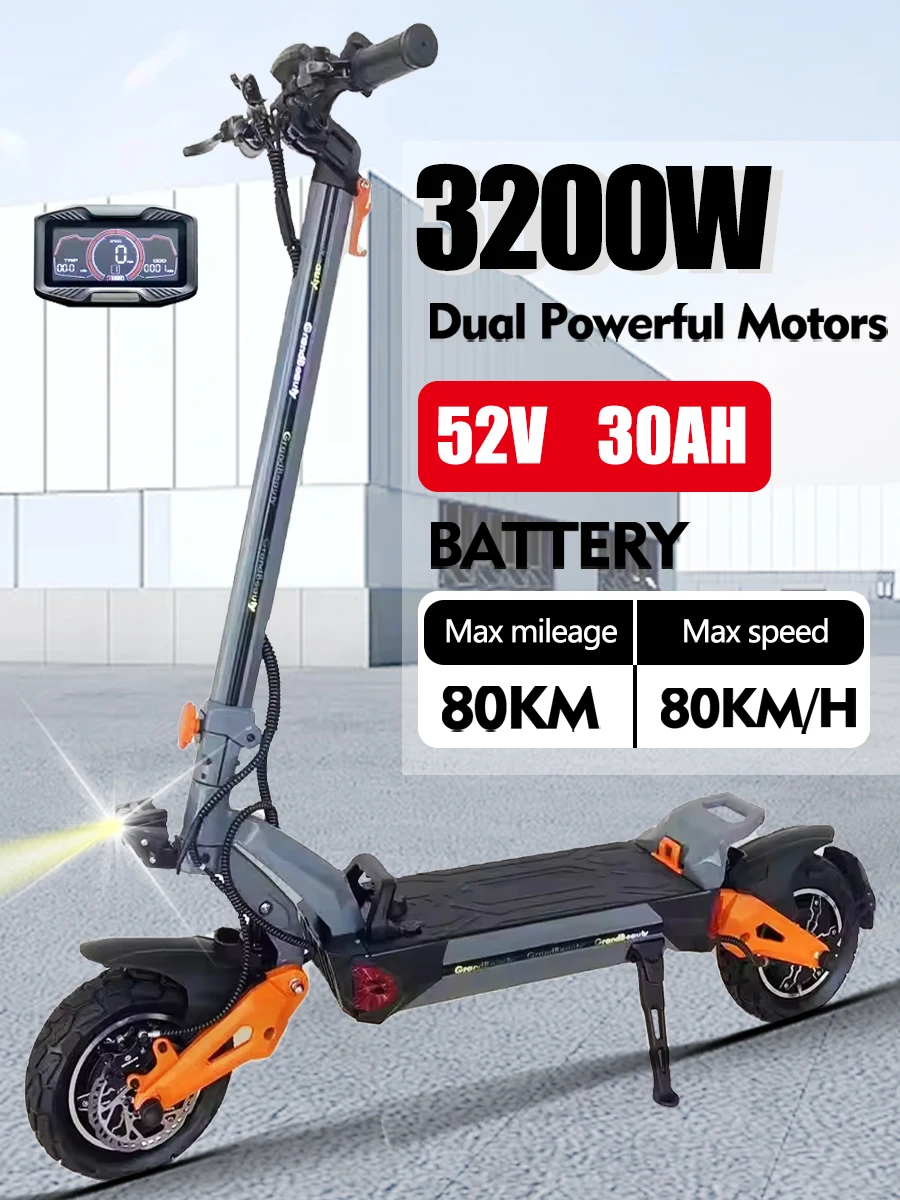 2024New 3200W 52V 30AH Dual Motor Electric Scooter EU Stock Max Speed 75km/h Range 65km 10 inch off-road tyres Foldable escooter