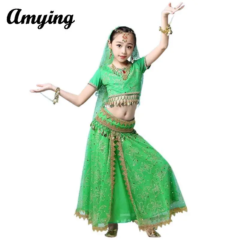 Costume da danza del ventre per bambini Set abbigliamento da prestazione per bambini tuta da allenamento per la danza indiana della ragazza Sari Bollywood Dress