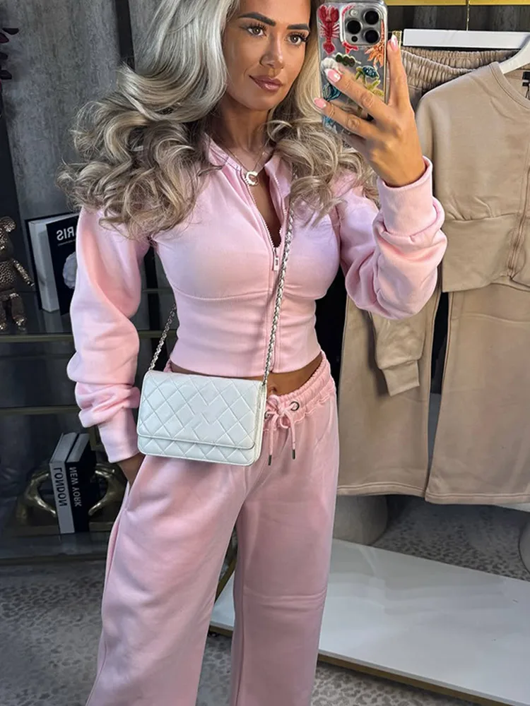 Elegancki damski komplet: bluza i długie spodnie, casualowy zestaw z długim rękawem, zapinany na zamek, krótki pulower, proste spodnie, garnitur do pracy.