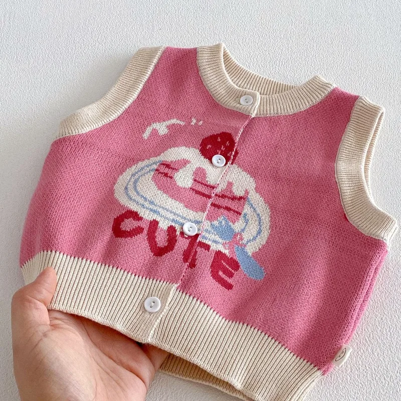 Kinder-Strickweste 2026 Frühling Mädchen Jungen Jacquard-Kuchen-Cardigan Koreanischer Stil Baby Kinder Bunter Kontrast Ärmelloser Pullover – Detail 7
