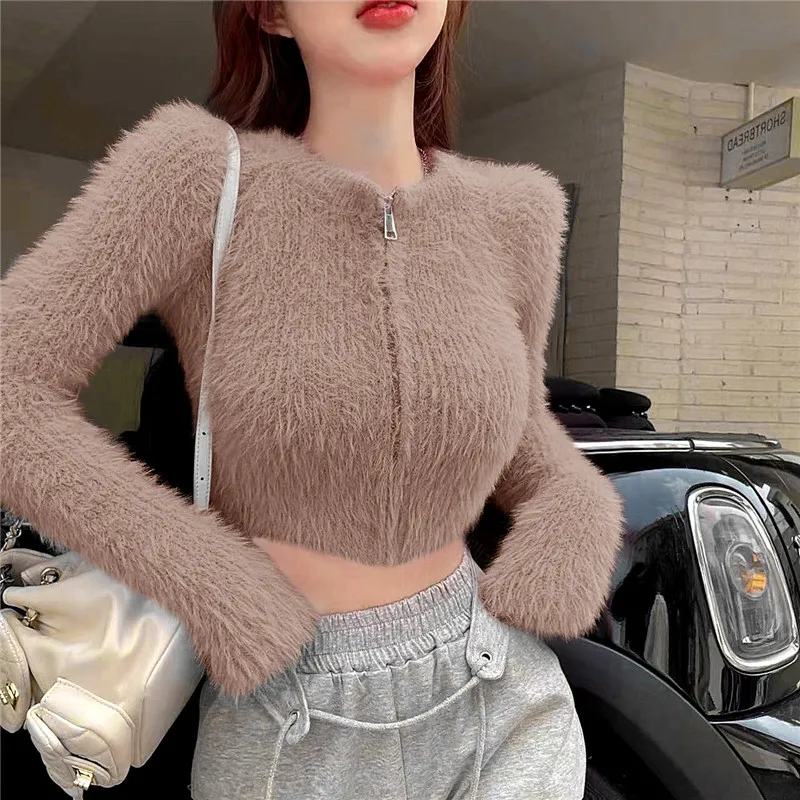 Mink Cashmere Short Mohair Tops Korean White Cropped Cardigan Coat Sueters De Mujer Solid Zip Sweater Knit Pull Femme Black