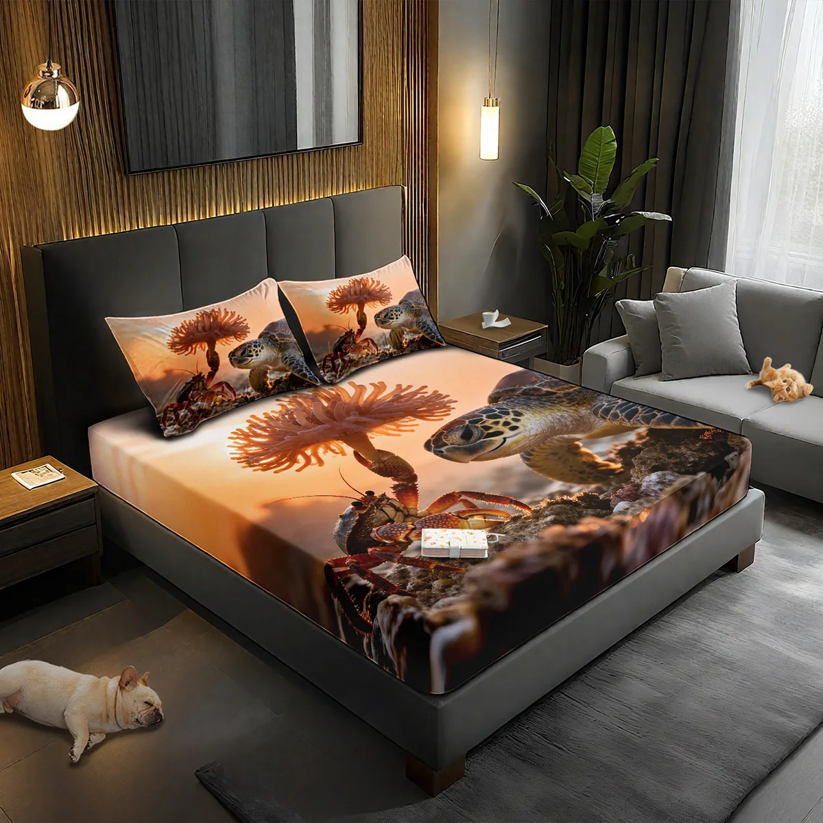 3-Piece Mattress Protector Set, 2D Flat Printed Fitted Sheet Novelty Set, Turtle and Crab Fitted Sheet Set, Three-Piece Set, All-Season Decorative Mattress Cover, Home Bedroom Decoration, Holiday-Themed Fitted Sheet and Pillowcase, Mattress Protector, Stain-Resistant, Mattress Cover Suitable for All Seasons, Machine Washable, Easy to Care For, Suitable for Home Bedroom, Essential for Dormitories and Rentals, Master Bedroom and Guest Room Decoration, Dust-Proof and Stain-Resistant, High Elasticity, Fits Various Sizes