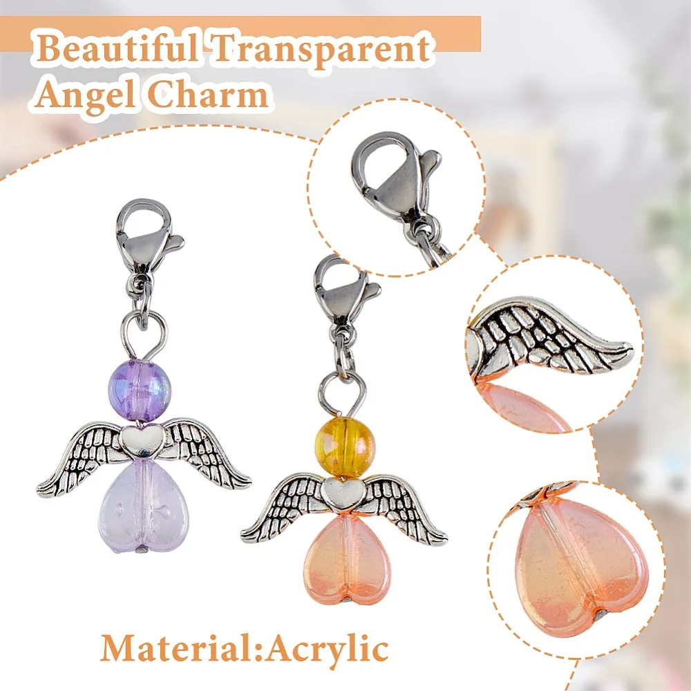 36Pcs 9 Colors Transparent Acrylic Angel Charm Decorations with 304 Stainless Steel Lobster Claw Clasps Mixed Color 33mm - view 4