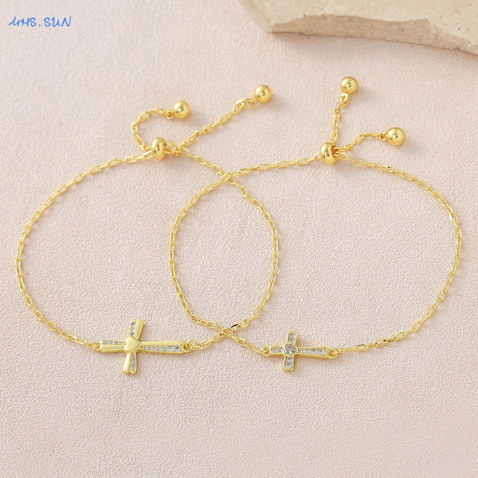 MHS.SUN Cubic Zircon Heart Cross Charm Bracelets Classic Gold Plated Link Chain Religious Party Jewelry Gift For Women Men