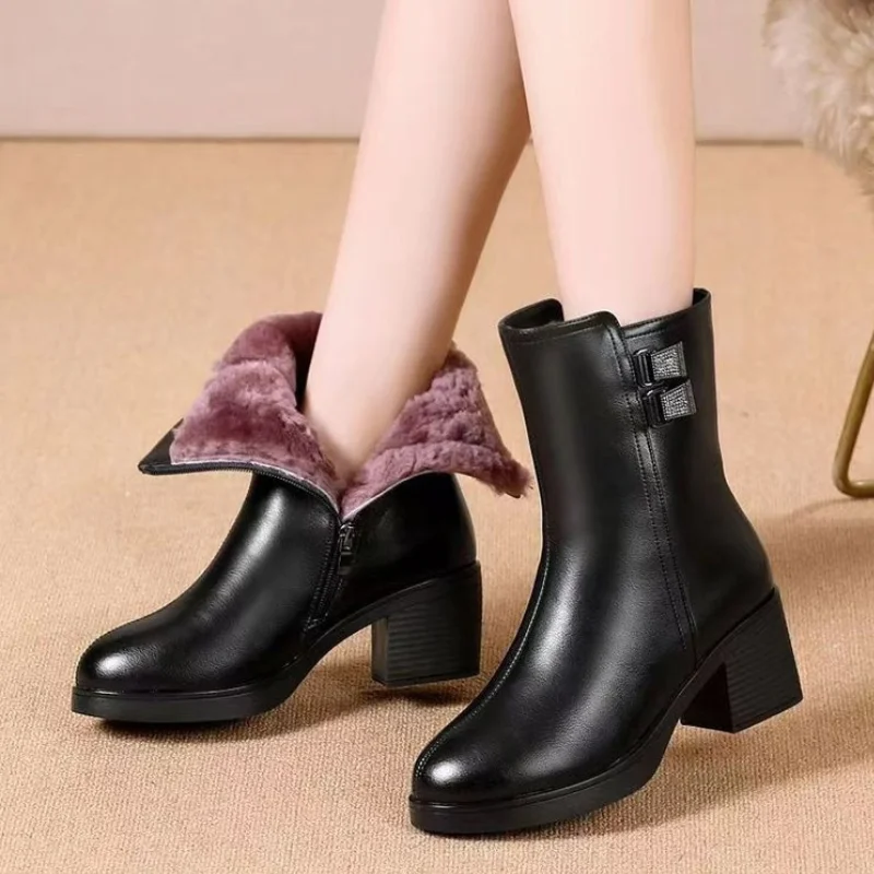 Winter Padded Cotton Shoes Women Plush Soft Leather Long Boot Warm High-heel Fur High Knee Riding Mid-heel Boots Comfortable