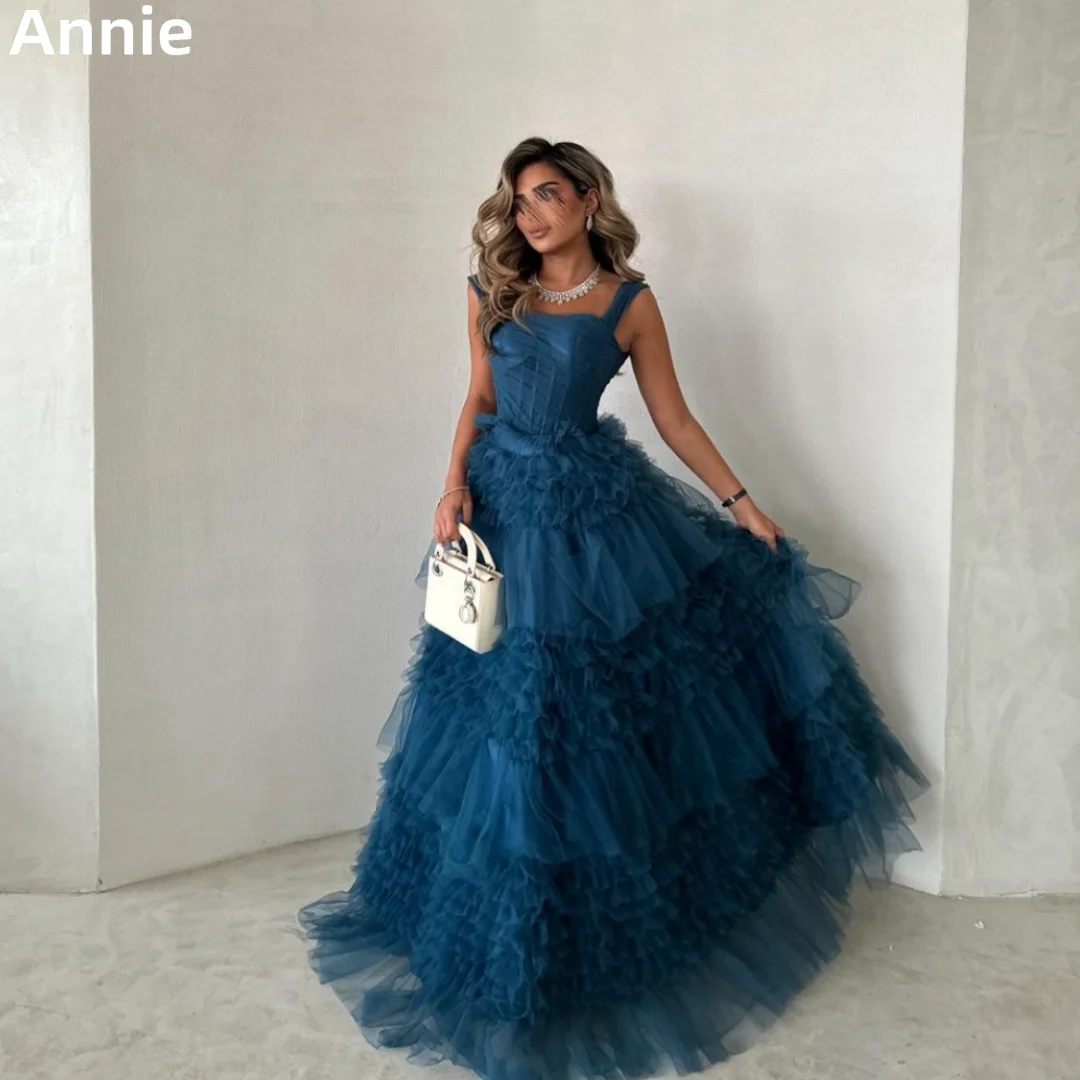 Annie Donkerblauwe Trouwjurk Handgemaakte Multi-Layer Tule Elegante Ladyprom Jurken Sexy Off-Shoulder Op Maat Gemaakte Gelegenheidsjurken