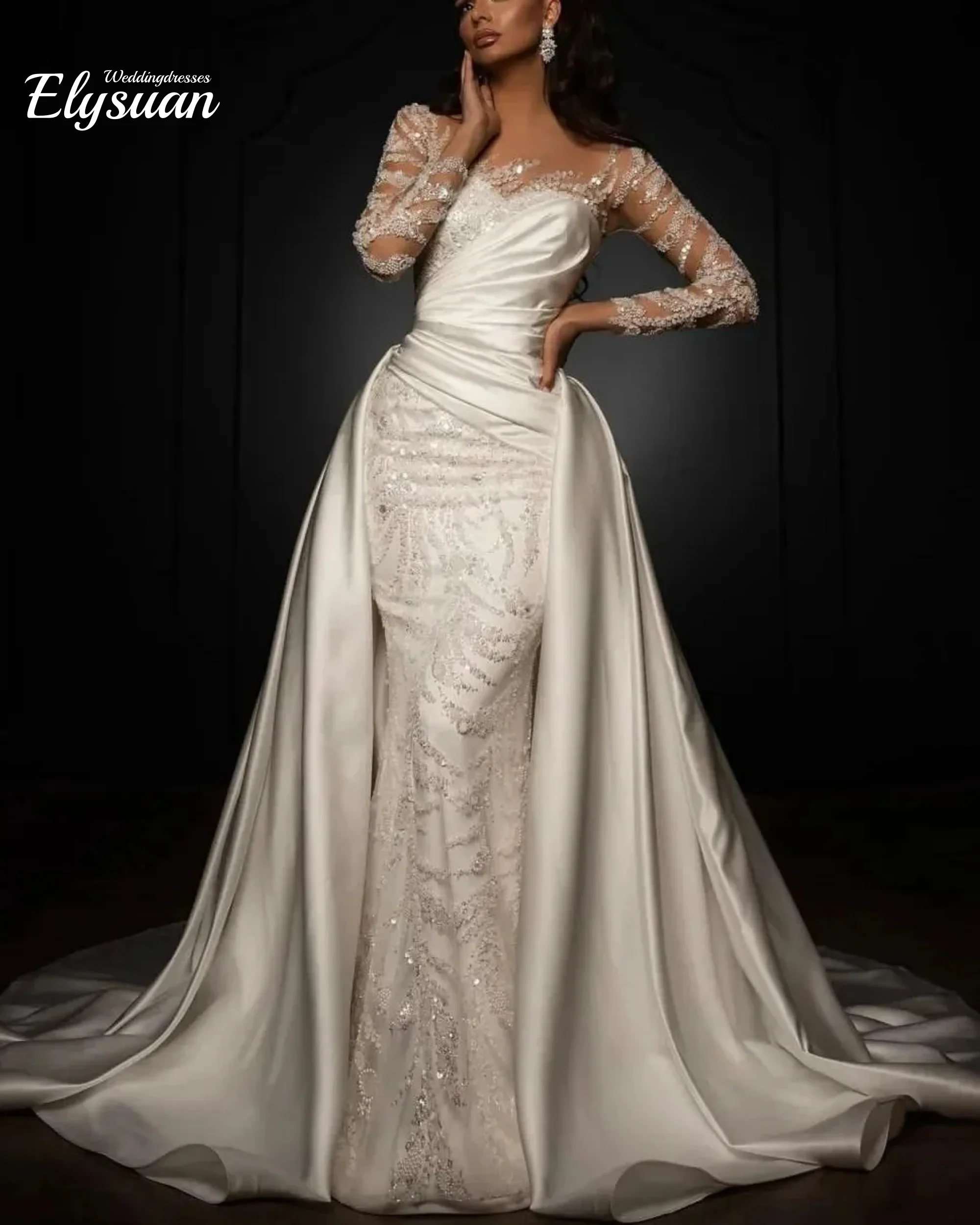 Customized Sheer Neck Shinny Beads Sequins Mermaid Wedding Dresses For Bride Long Sleeves Bridal Gowns with Removable Skirt 2026