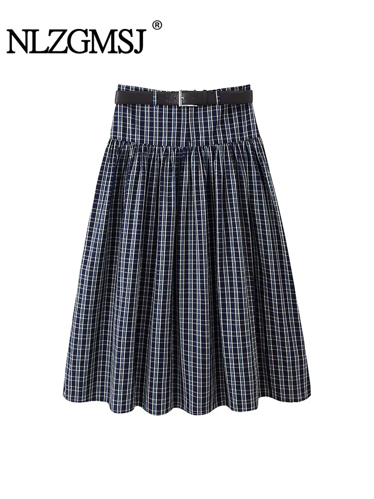 

NLZGMSJ Повседневная шикарная женская юбка с поясом, клетчатая длинная юбка трапециевидной формы на молнии, новая мода 2025 года, осень-зима, праздничная женская длинная юбка