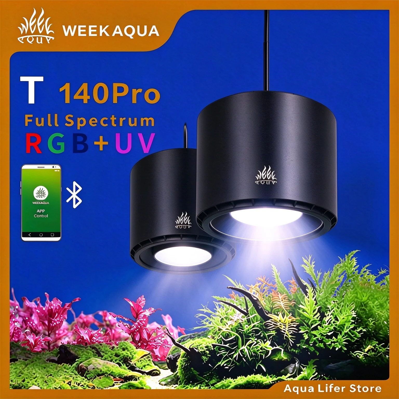 WEEK AQUA Full‑Spectrum Aquascape Light for Planted & Native Stream Tanks, T140PRO / T140PRO‑FOC, Bluetooth APP Dimming & Timer