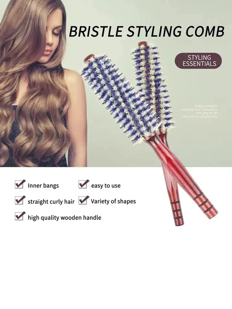 3 Specifications Barber Hair Straight Twill Roller Wood Handle Hairbrush Round Barrel Hair Comb for Women Blowing Curling Hair