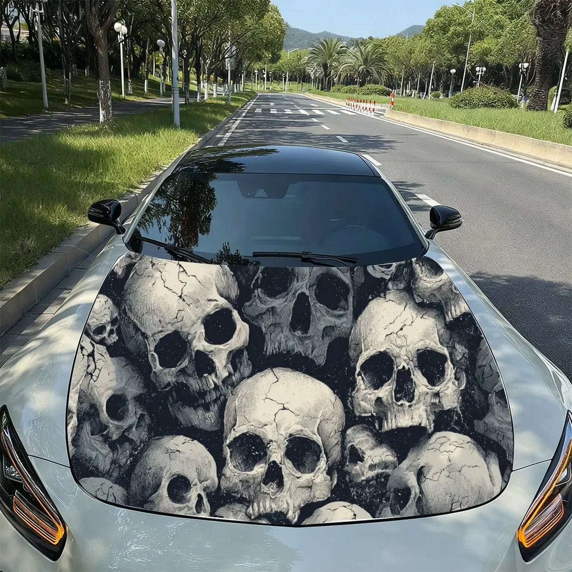 

Retro Skull Dark Creative PVC Car Hood Wraps, Self-Adhesive Waterproof Car Bonnet Decal Sticker, Car Decoration Protection Stick