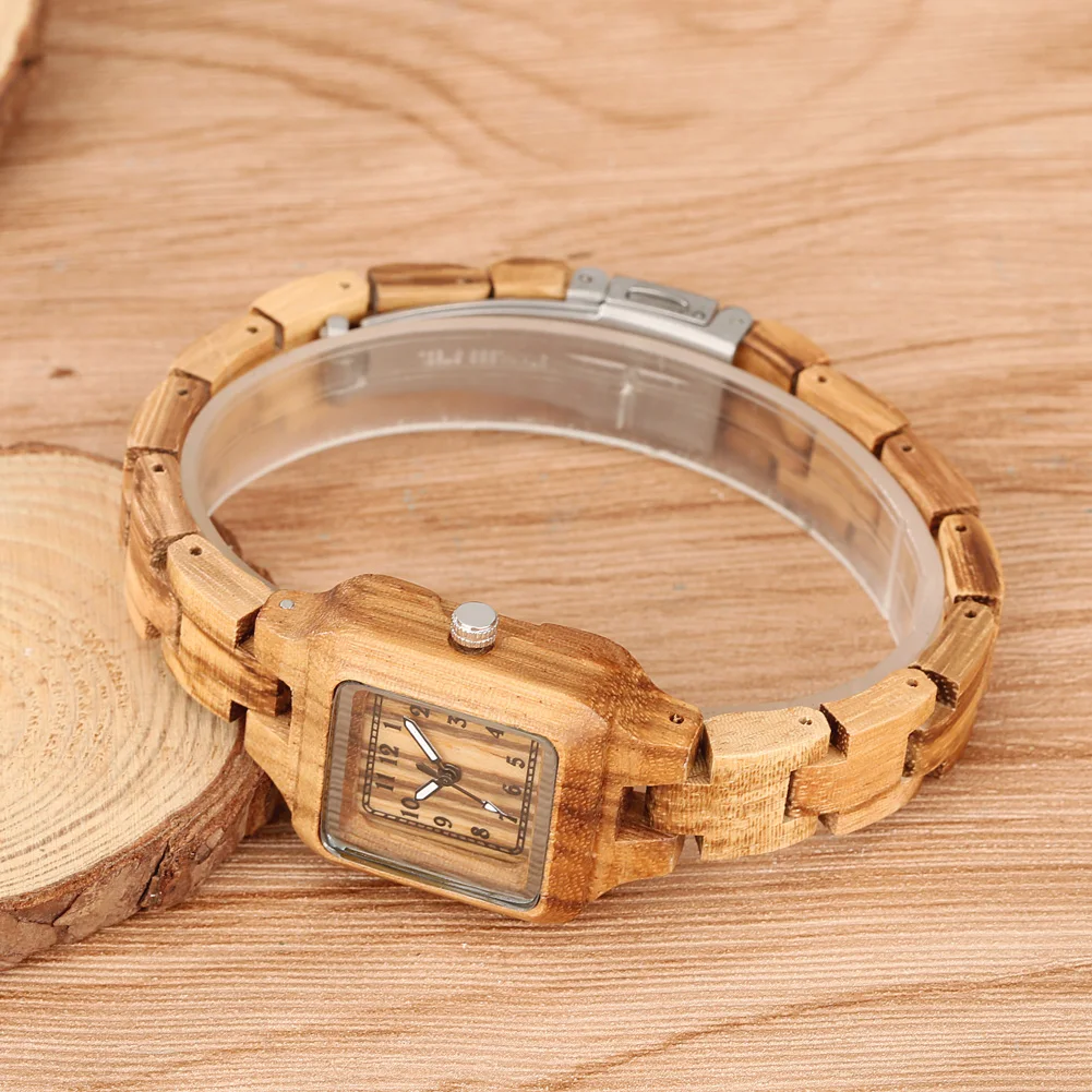 Classic Square Shaped Quartz Watches for Women Wooden Band Bracelet Wristwatch Ebony/Maple/Zebrawood Natural Stylish Lady Watch